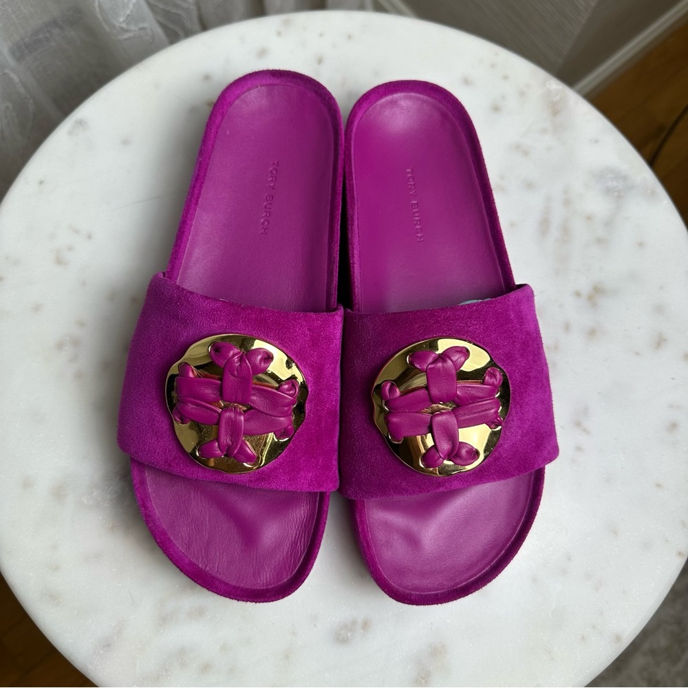Tory Burch Woven Double T Slide Sandals in Fuchsia  8.5 - Picture 3 of 8